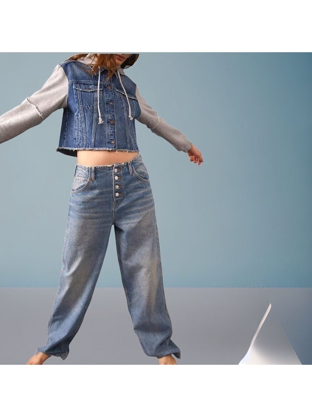 FREE PEOPLE Throwback Denim/Knit Hoodie Style Raw Hem Relaxed Crop Jacket-Md NWT - Picture 7 of 16